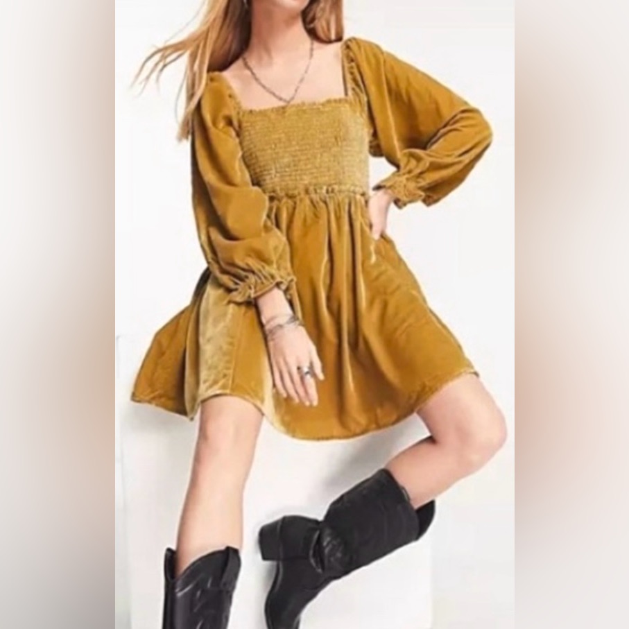 Free People Daphne Mini Dress Velvet Low Cut Revealing In Butterscotch Size S